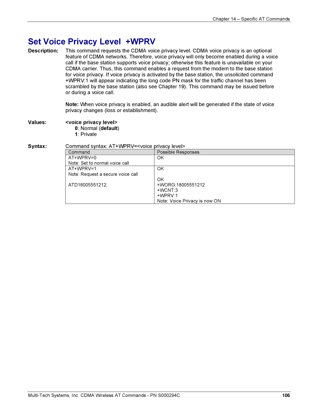 Multi-Tech Systems CDMA Wireless Modem Set Voice Privacy Level +WPRV, Values Voice privacy level, Normal default Private 