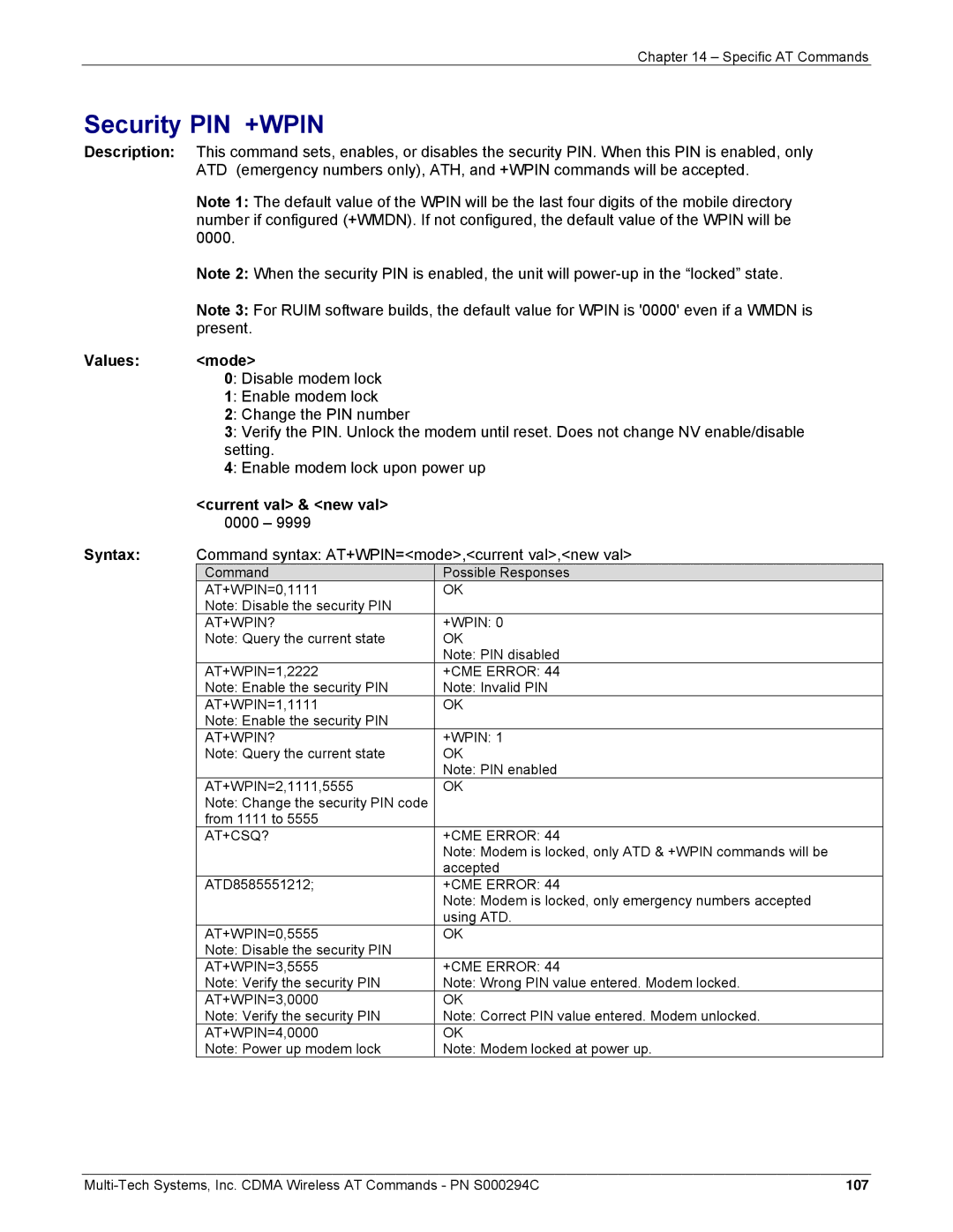 Multi-Tech Systems CDMA Wireless Modem manual Security PIN +WPIN, Current val & new val, At+Wpin?, AT+CSQ? +CME Error 