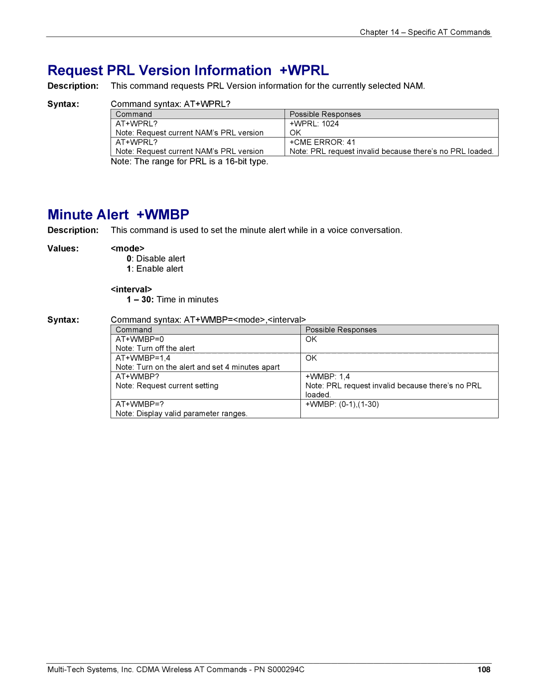 Multi-Tech Systems CDMA Wireless Modem manual Request PRL Version Information +WPRL, Minute Alert +WMBP, Interval 