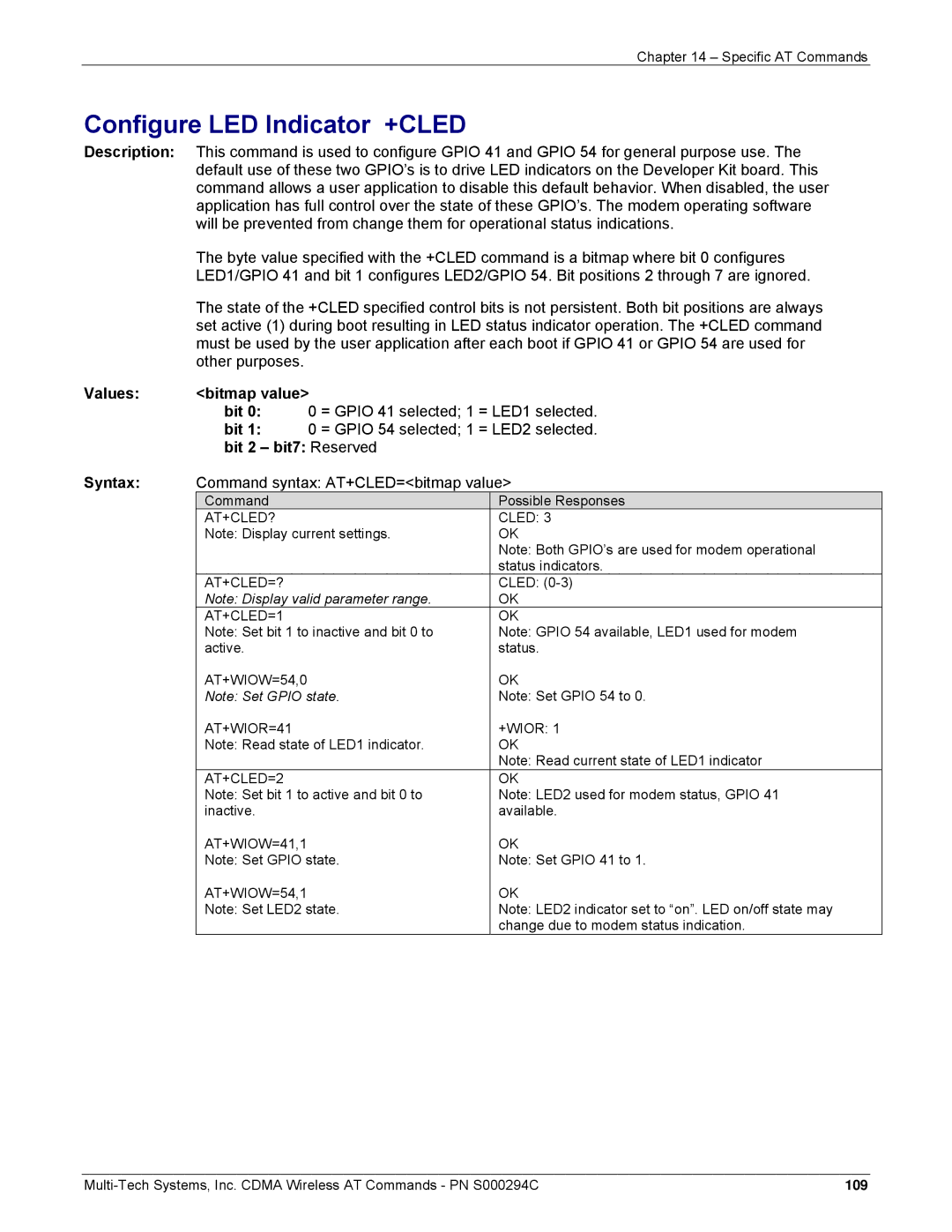 Multi-Tech Systems CDMA Wireless Modem Configure LED Indicator +CLED, Values Bitmap value, Bit 2 bit7 Reserved Syntax 