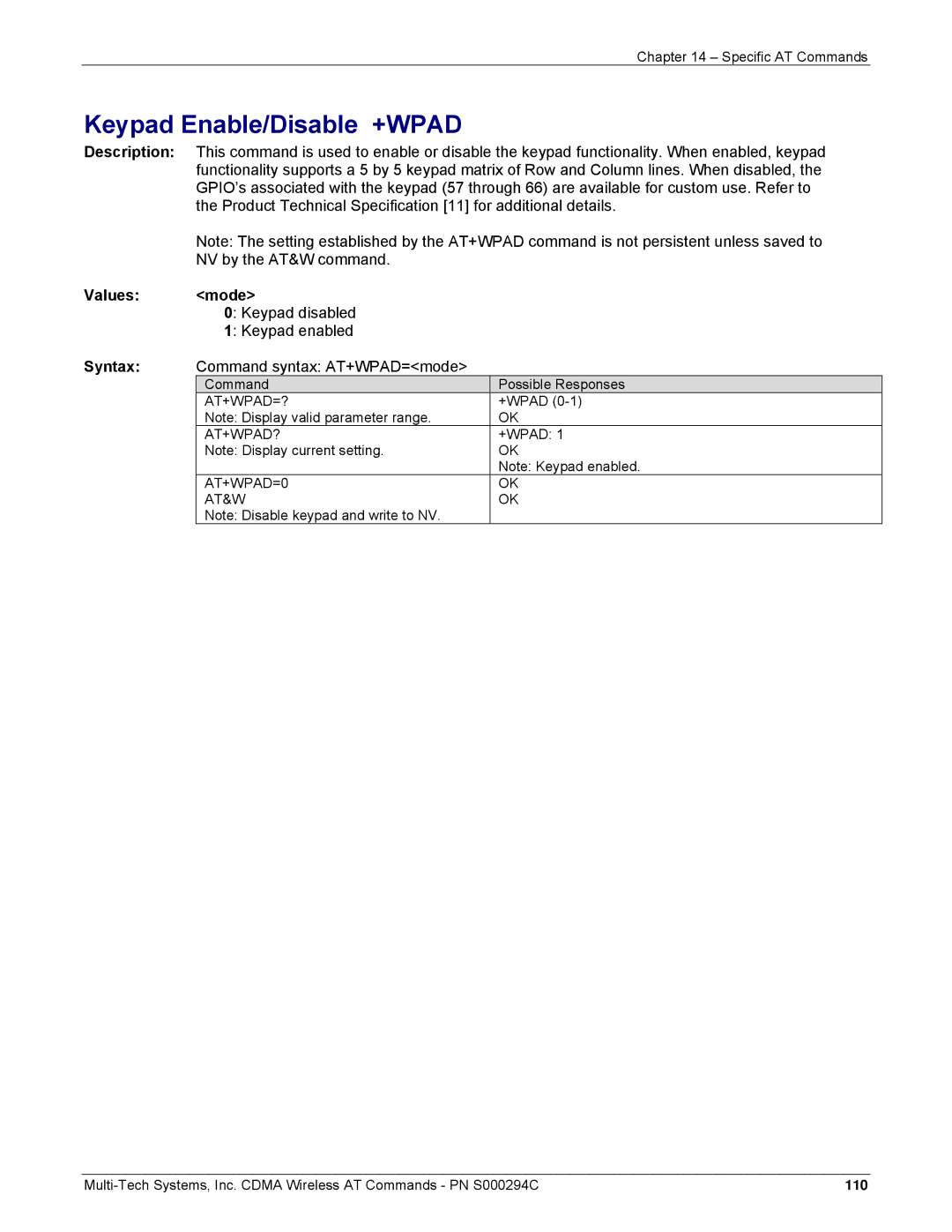Multi-Tech Systems CDMA Wireless Modem manual Keypad Enable/Disable +WPAD, Keypad disabled Keypad enabled 