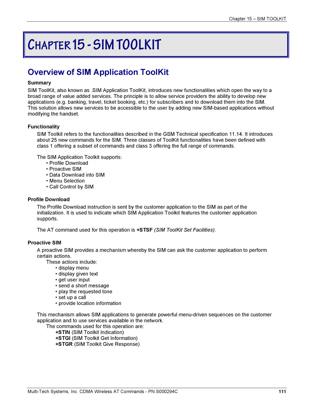 Multi-Tech Systems CDMA Wireless Modem manual Overview of SIM Application ToolKit, Summary, Functionality, Profile Download 