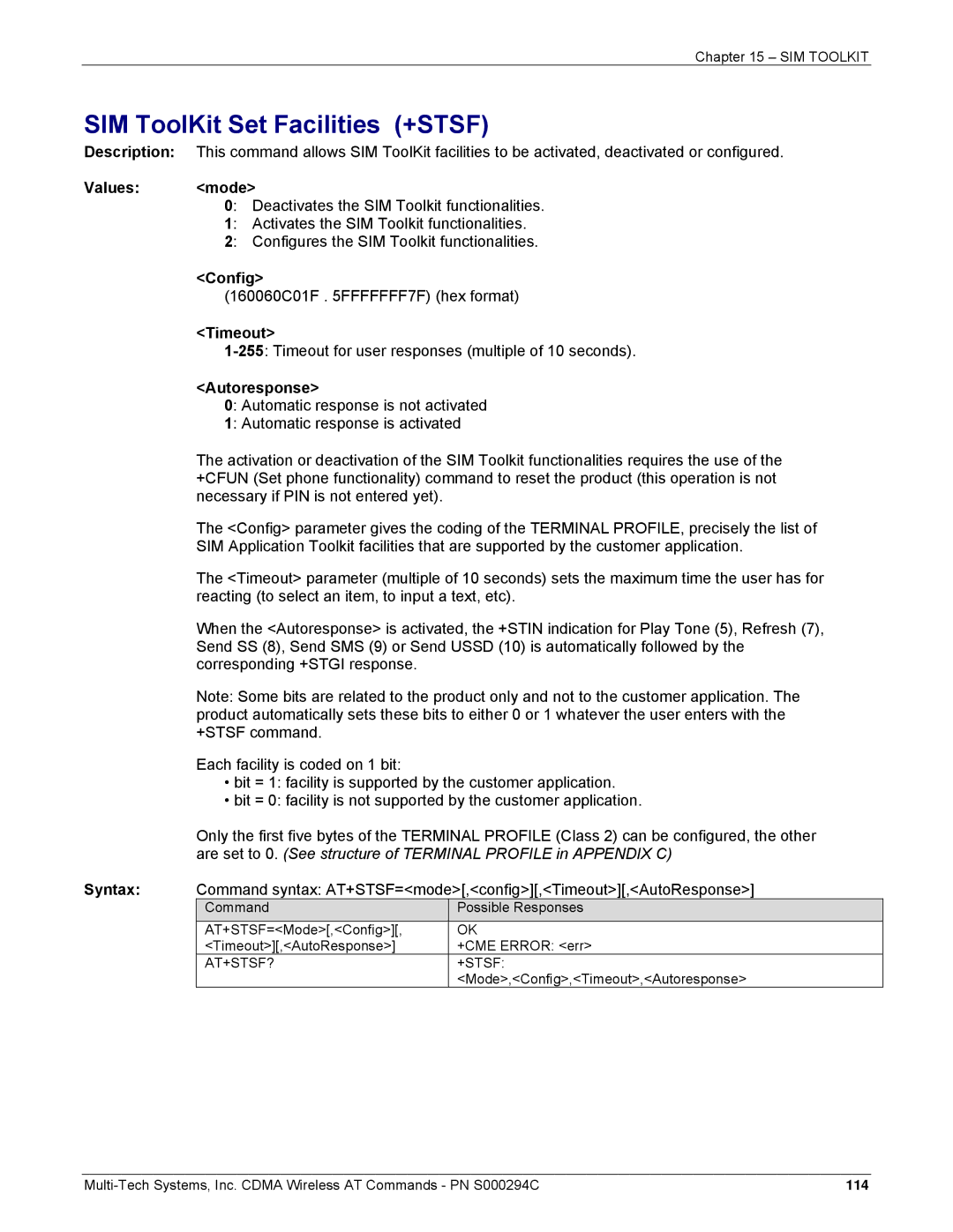 Multi-Tech Systems CDMA Wireless Modem manual SIM ToolKit Set Facilities +STSF, Config, Timeout, Autoresponse 