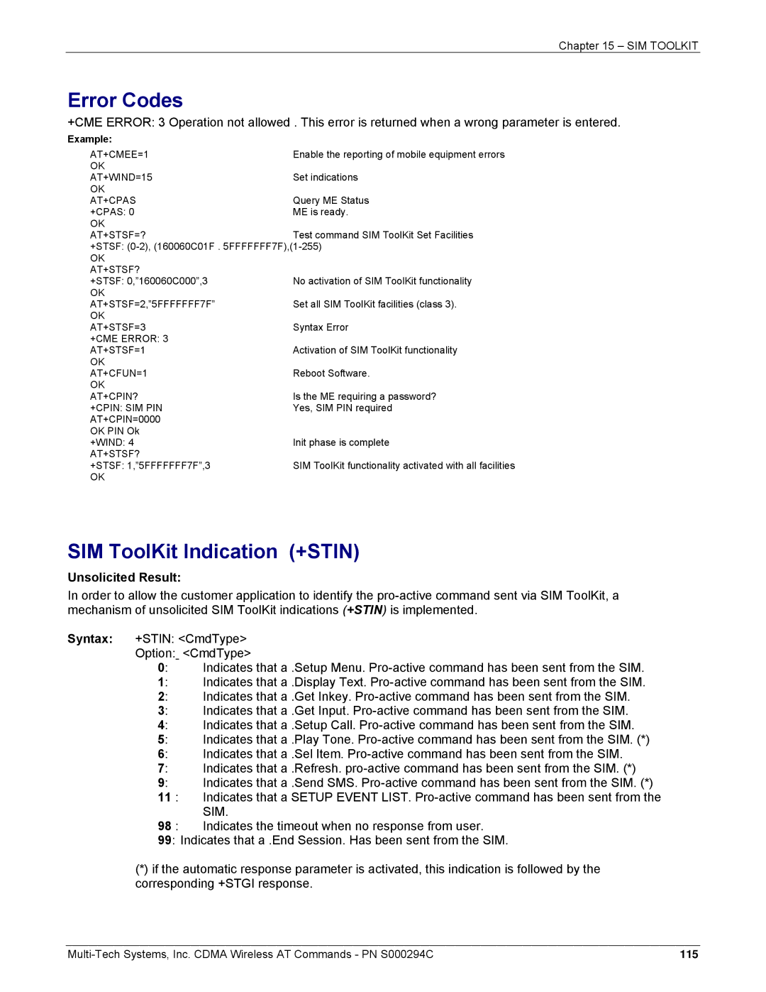 Multi-Tech Systems CDMA Wireless Modem manual Error Codes, SIM ToolKit Indication +STIN, Unsolicited Result 