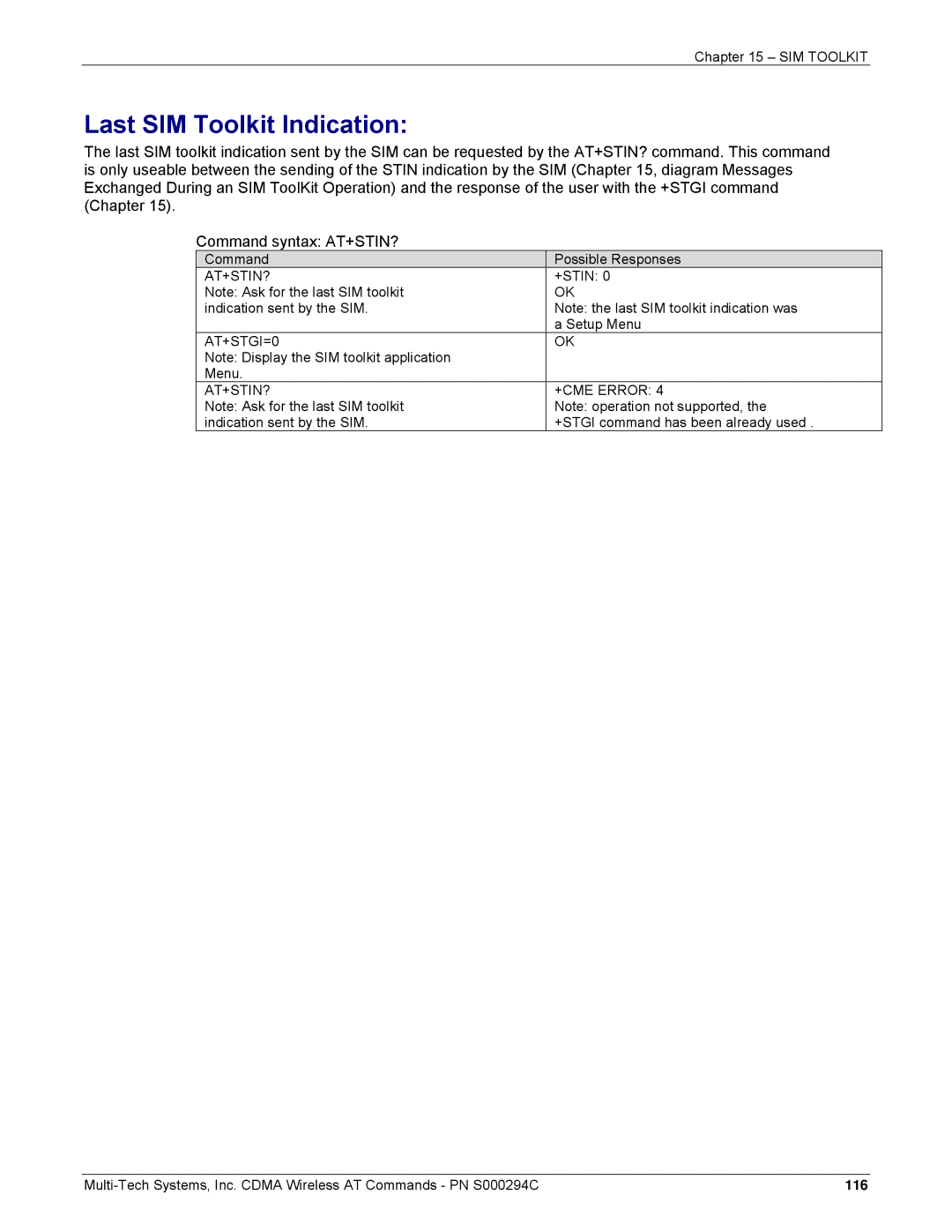 Multi-Tech Systems CDMA Wireless Modem manual Last SIM Toolkit Indication, At+Stin?, AT+STGI=0, AT+STIN? +CME Error 