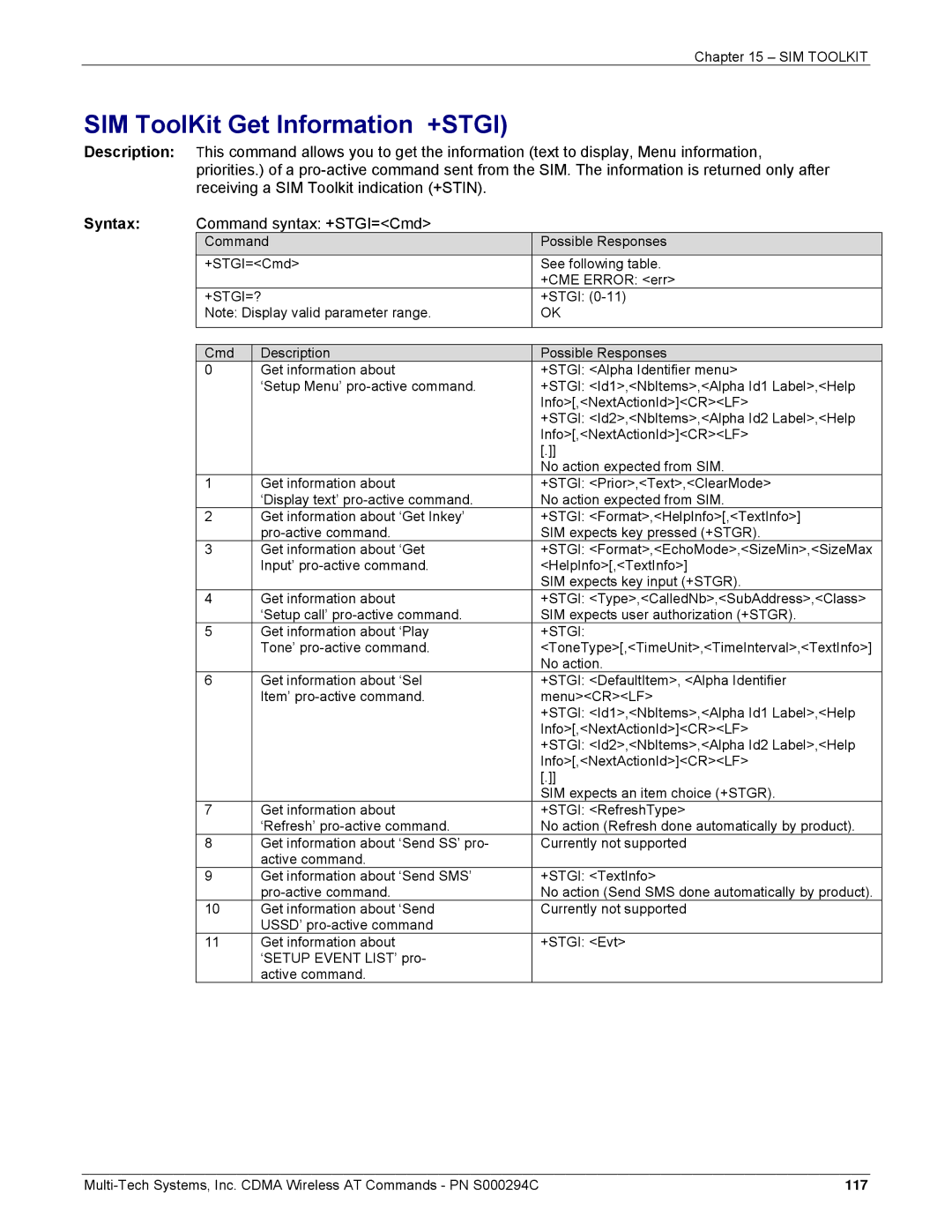 Multi-Tech Systems CDMA Wireless Modem manual SIM ToolKit Get Information +STGI, Command syntax +STGI=Cmd, +Stgi=? 