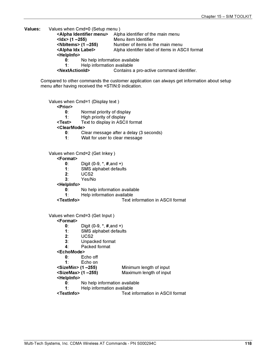 Multi-Tech Systems CDMA Wireless Modem Alpha Identifier menu, Idx 1, NbItems 1, Alpha Idx Label, HelpInfo, NextActionId 