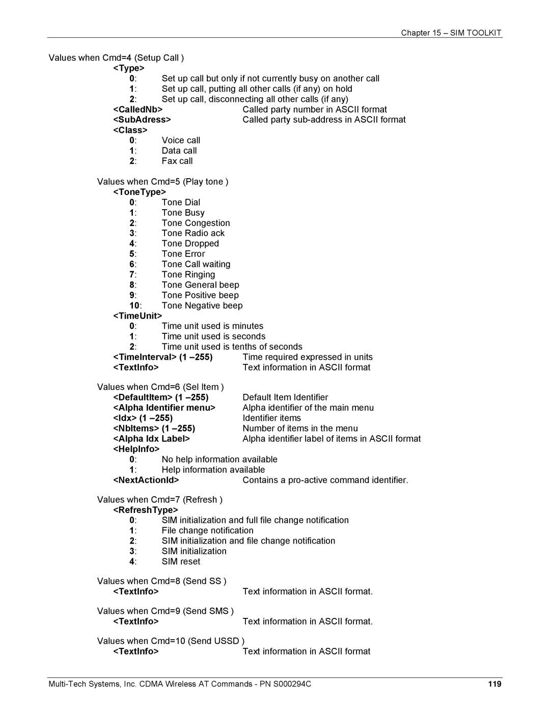 Multi-Tech Systems CDMA Wireless Modem manual CalledNb, SubAdress, Class, ToneType, TimeUnit, TimeInterval 1, DefaultItem 1 