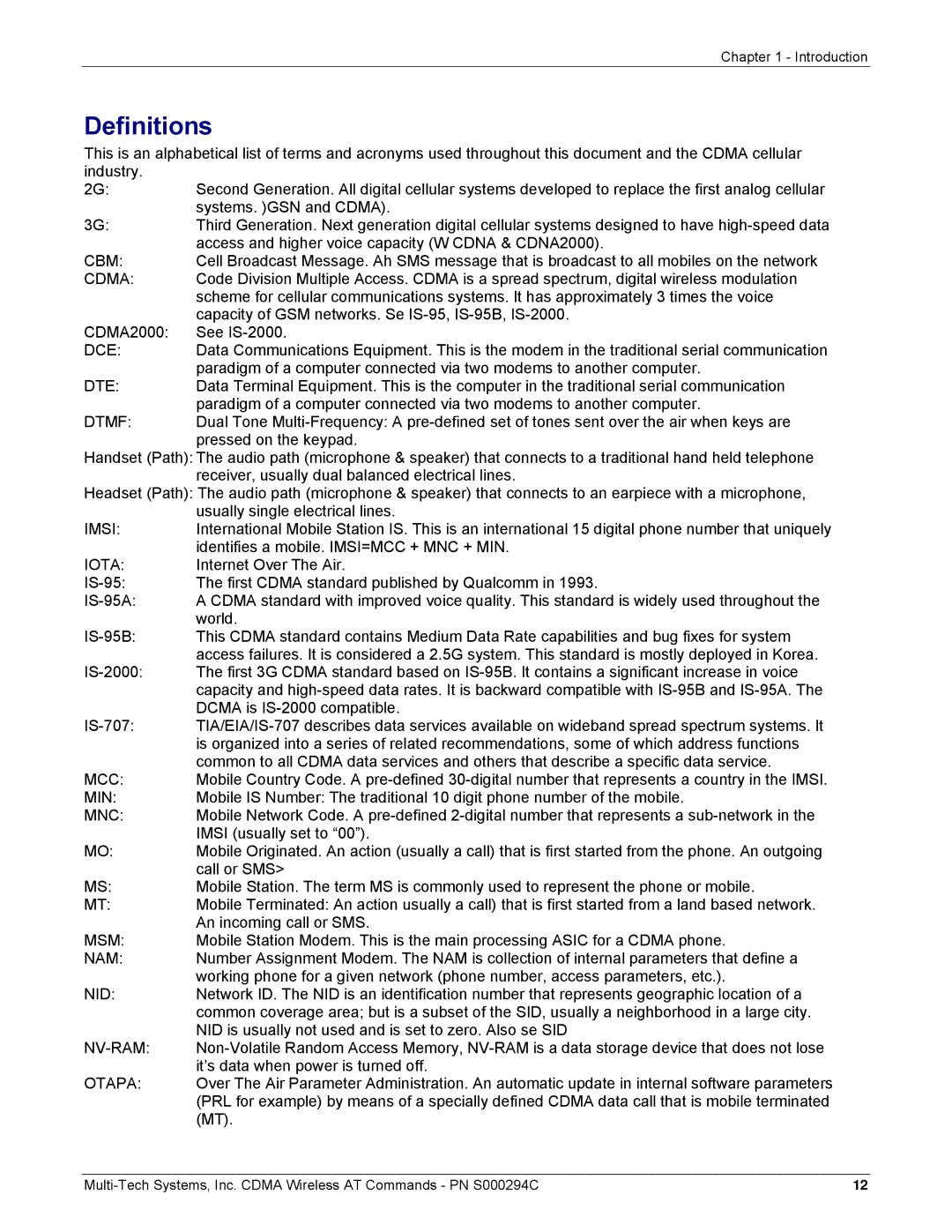 Multi-Tech Systems CDMA Wireless Modem manual Definitions 