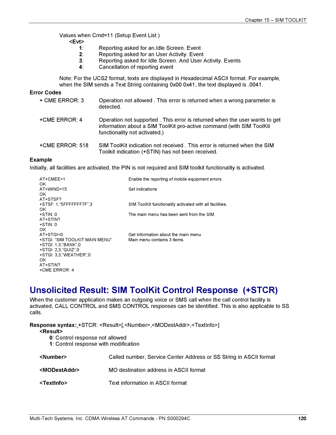 Multi-Tech Systems CDMA Wireless Modem manual Unsolicited Result SIM ToolKit Control Response +STCR, Evt, Error Codes 