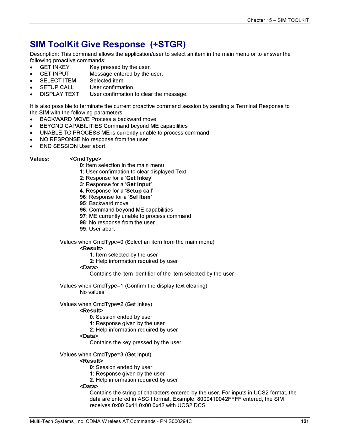 Multi-Tech Systems CDMA Wireless Modem manual SIM ToolKit Give Response +STGR, Values CmdType 