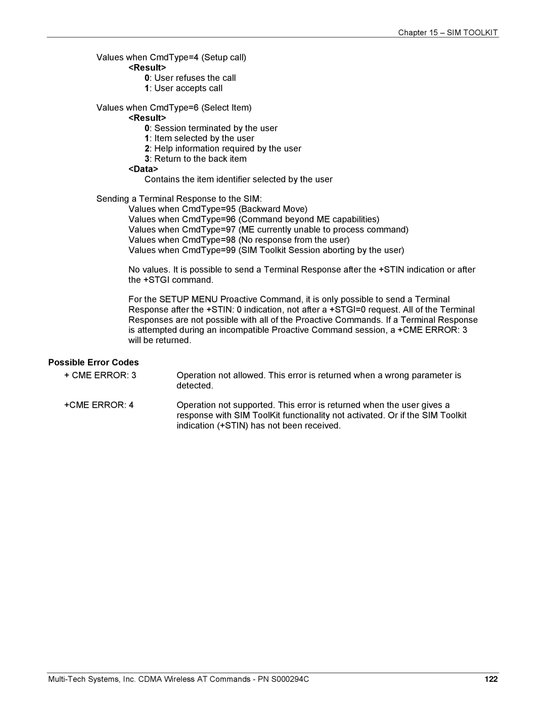 Multi-Tech Systems CDMA Wireless Modem manual Values when CmdType=4 Setup call, Possible Error Codes, Detected 