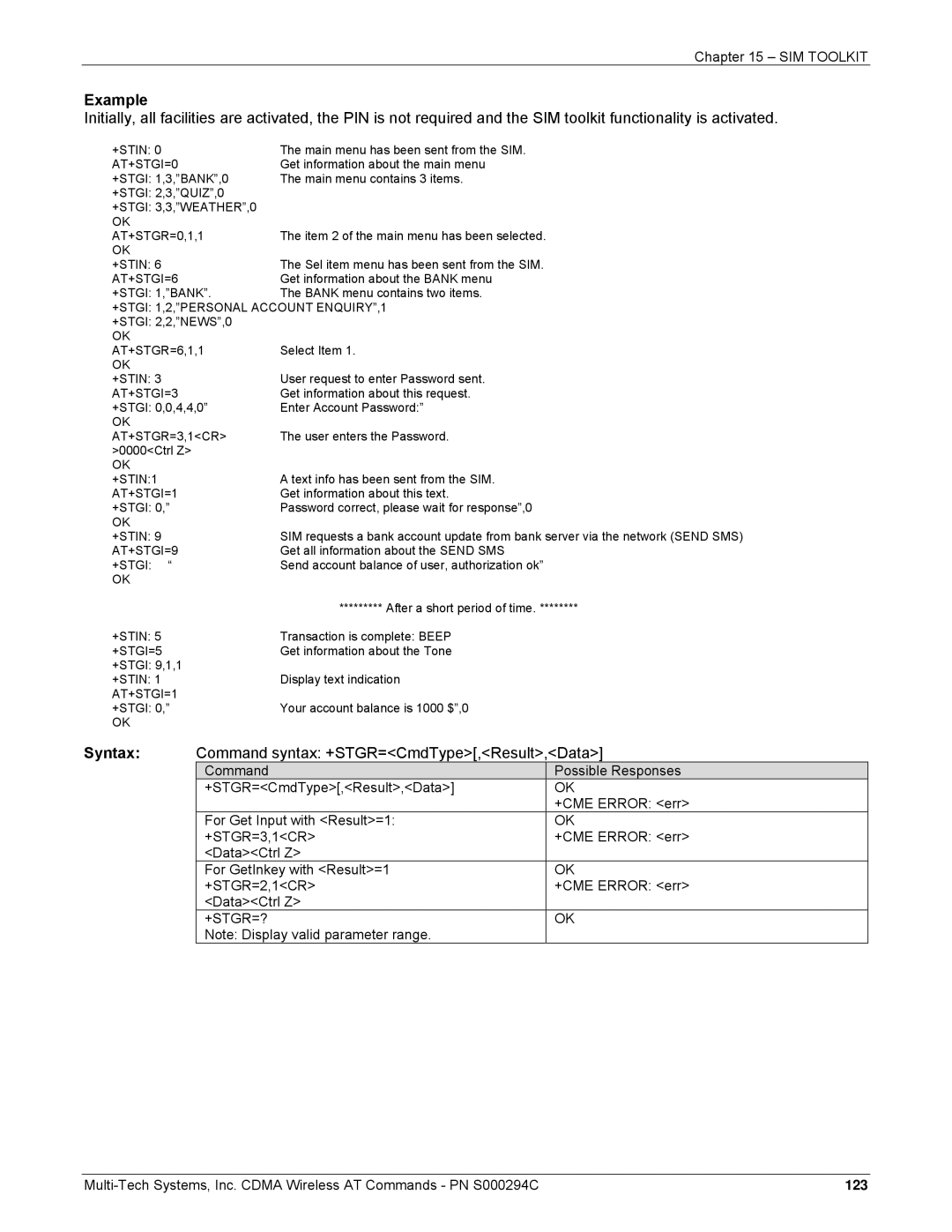 Multi-Tech Systems CDMA Wireless Modem manual Command syntax +STGR=CmdType,Result,Data, +Stgr=? 