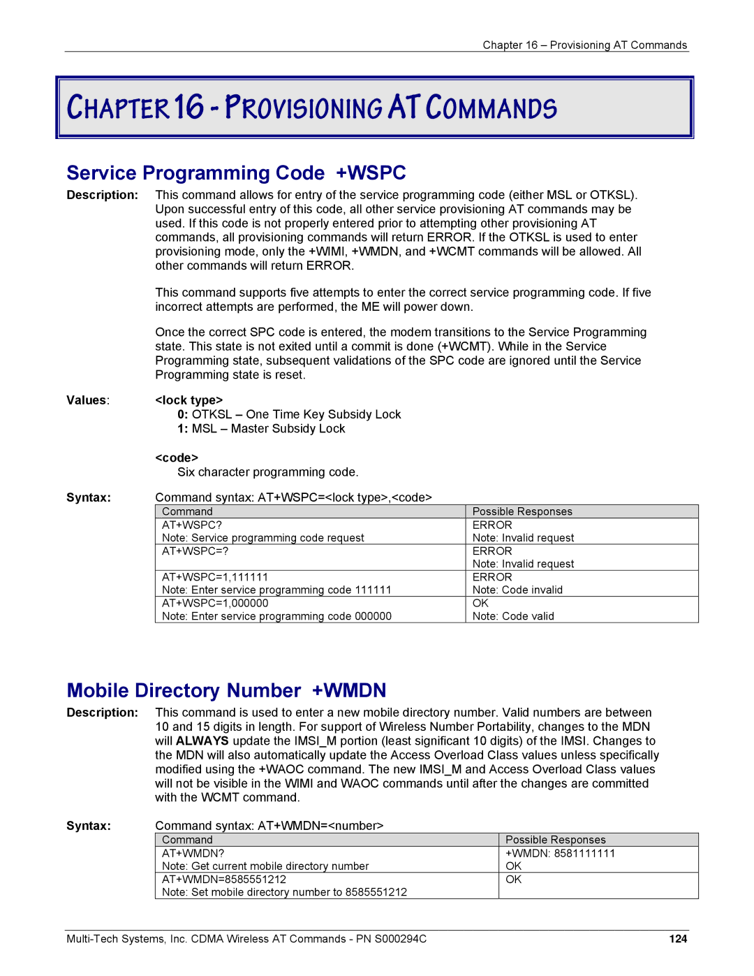 Multi-Tech Systems CDMA Wireless Modem Service Programming Code +WSPC, Mobile Directory Number +WMDN, Values Lock type 