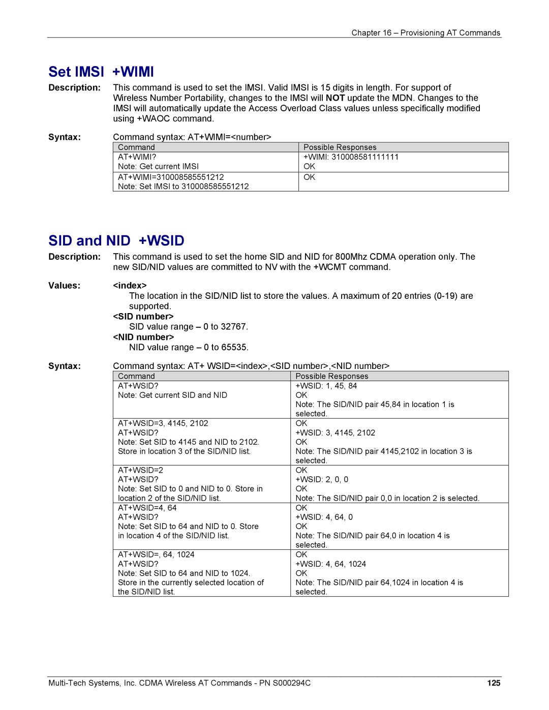 Multi-Tech Systems CDMA Wireless Modem manual Set Imsi +WIMI, SID and NID +WSID, SID number, NID number 