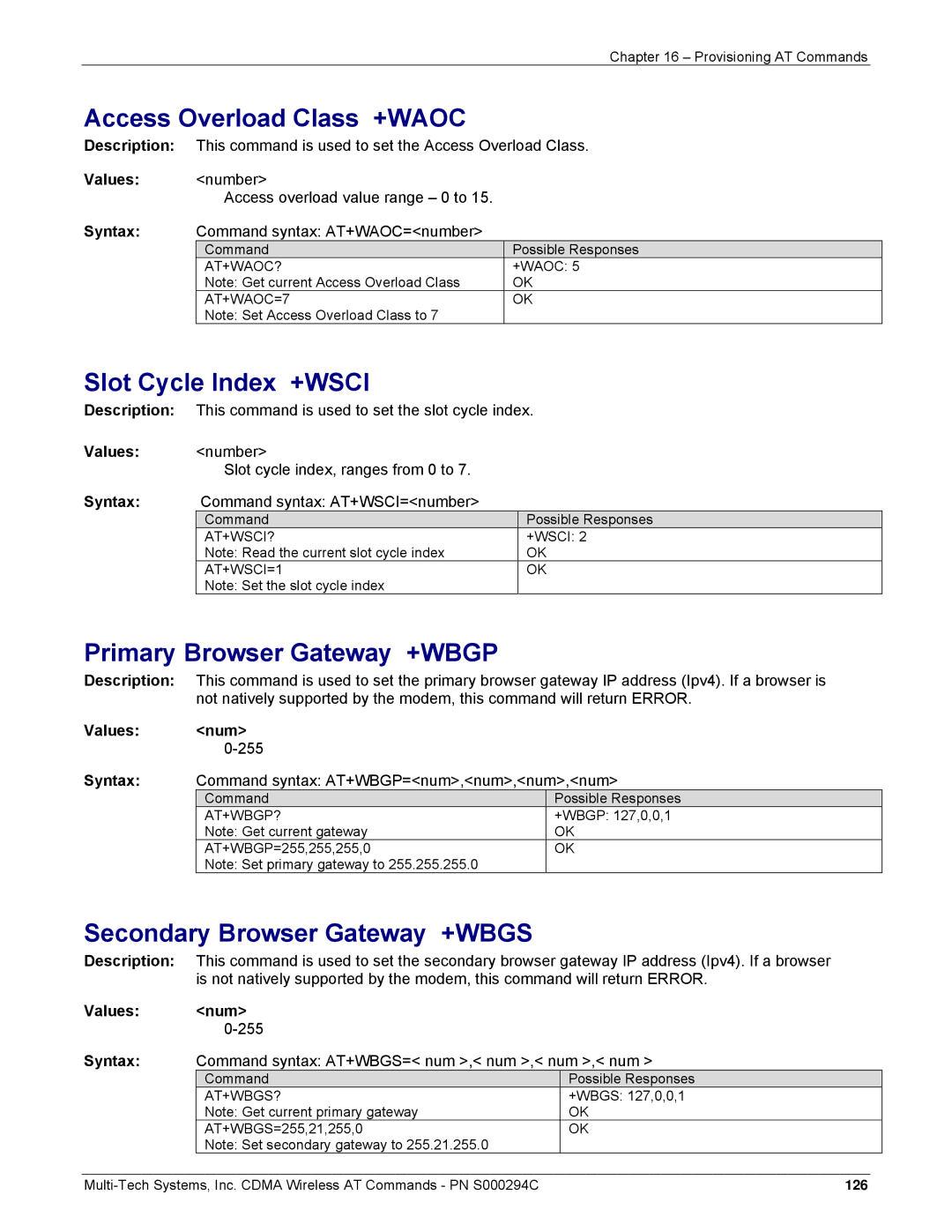 Multi-Tech Systems CDMA Wireless Modem Access Overload Class +WAOC, Slot Cycle Index +WSCI, Primary Browser Gateway +WBGP 