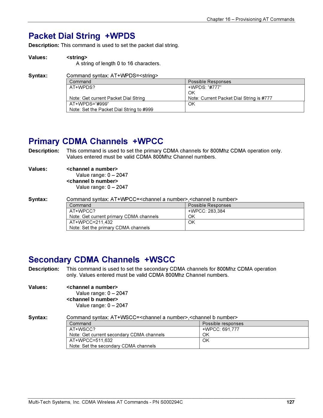 Multi-Tech Systems CDMA Wireless Modem manual Packet Dial String +WPDS, Primary Cdma Channels +WPCC 