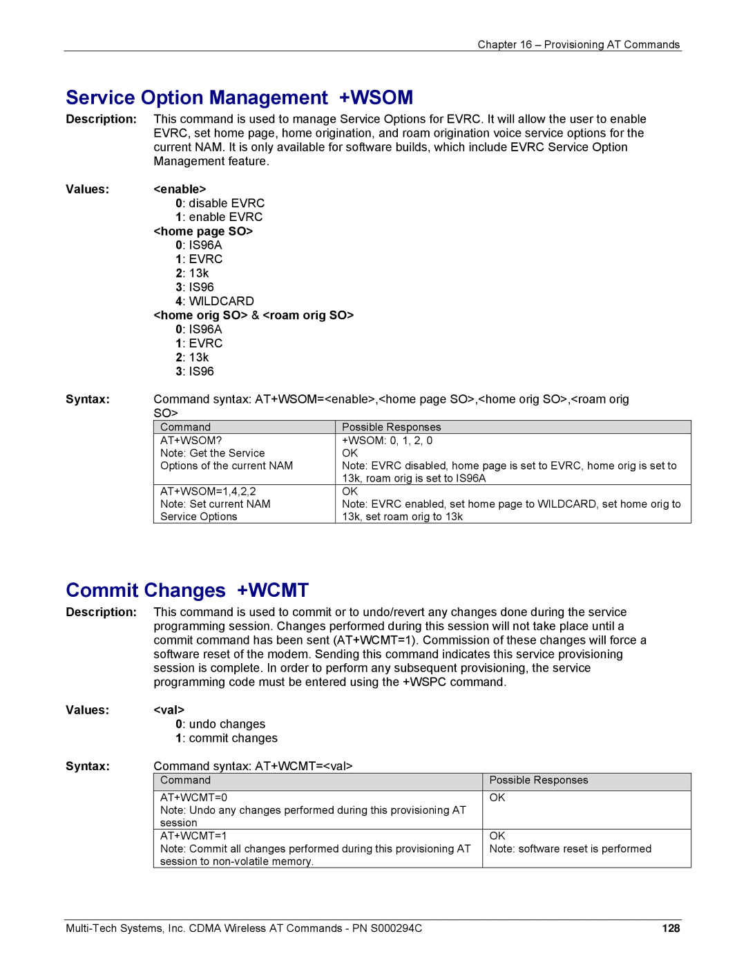 Multi-Tech Systems CDMA Wireless Modem manual Service Option Management +WSOM, Commit Changes +WCMT, Values enable 