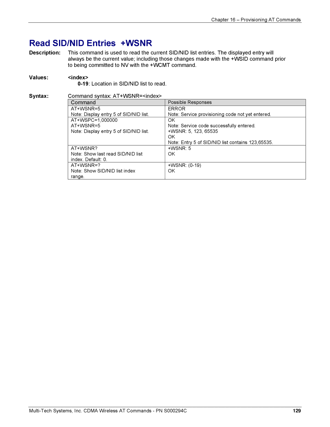 Multi-Tech Systems CDMA Wireless Modem manual Read SID/NID Entries +WSNR, Location in SID/NID list to read 