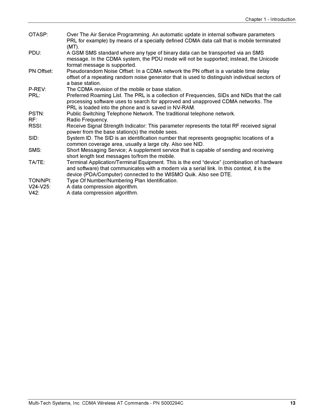 Multi-Tech Systems CDMA Wireless Modem manual Format message is supported, Cdma revision of the mobile or base station 