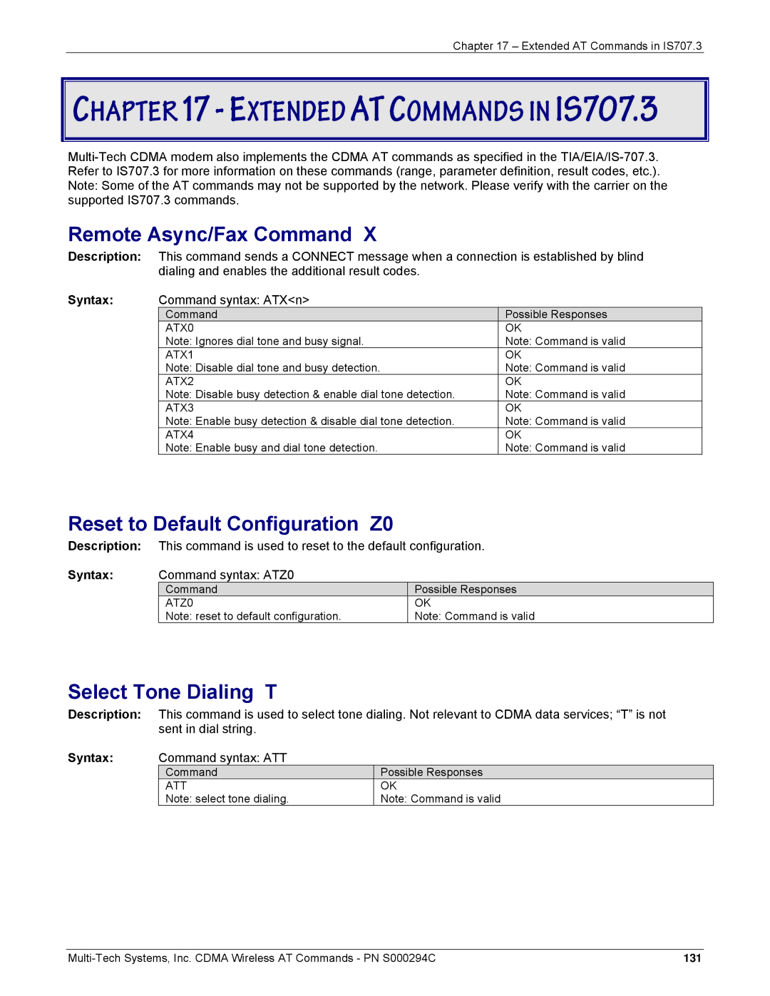 Multi-Tech Systems CDMA Wireless Modem Remote Async/Fax Command, Reset to Default Configuration Z0, Select Tone Dialing T 