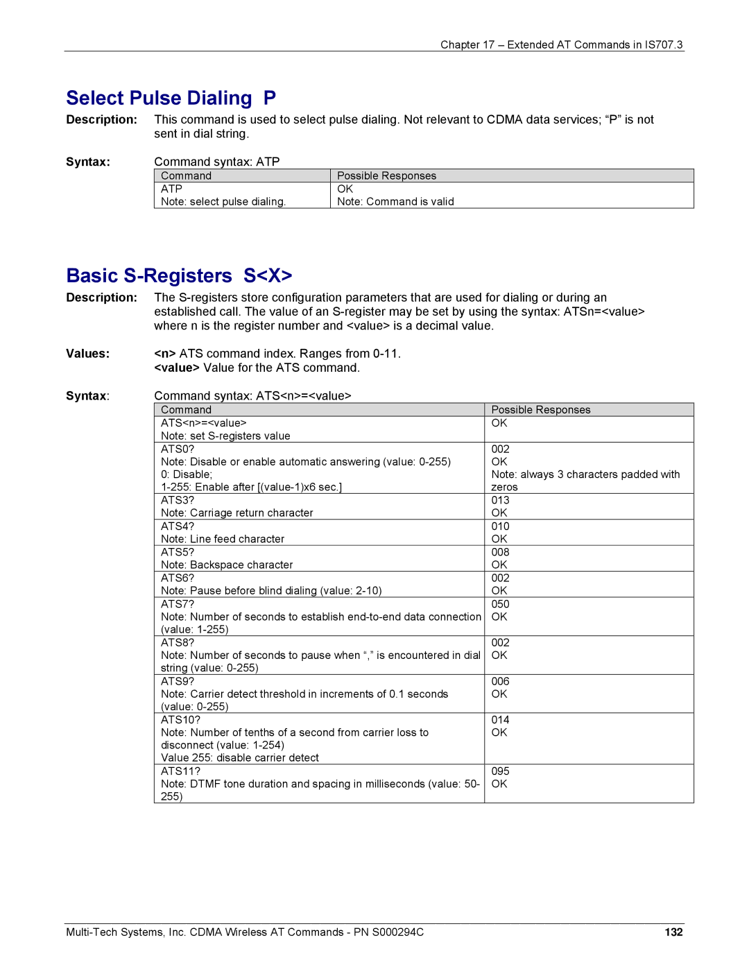 Multi-Tech Systems CDMA Wireless Modem manual Select Pulse Dialing P, Basic S-Registers SX, Command syntax ATP 