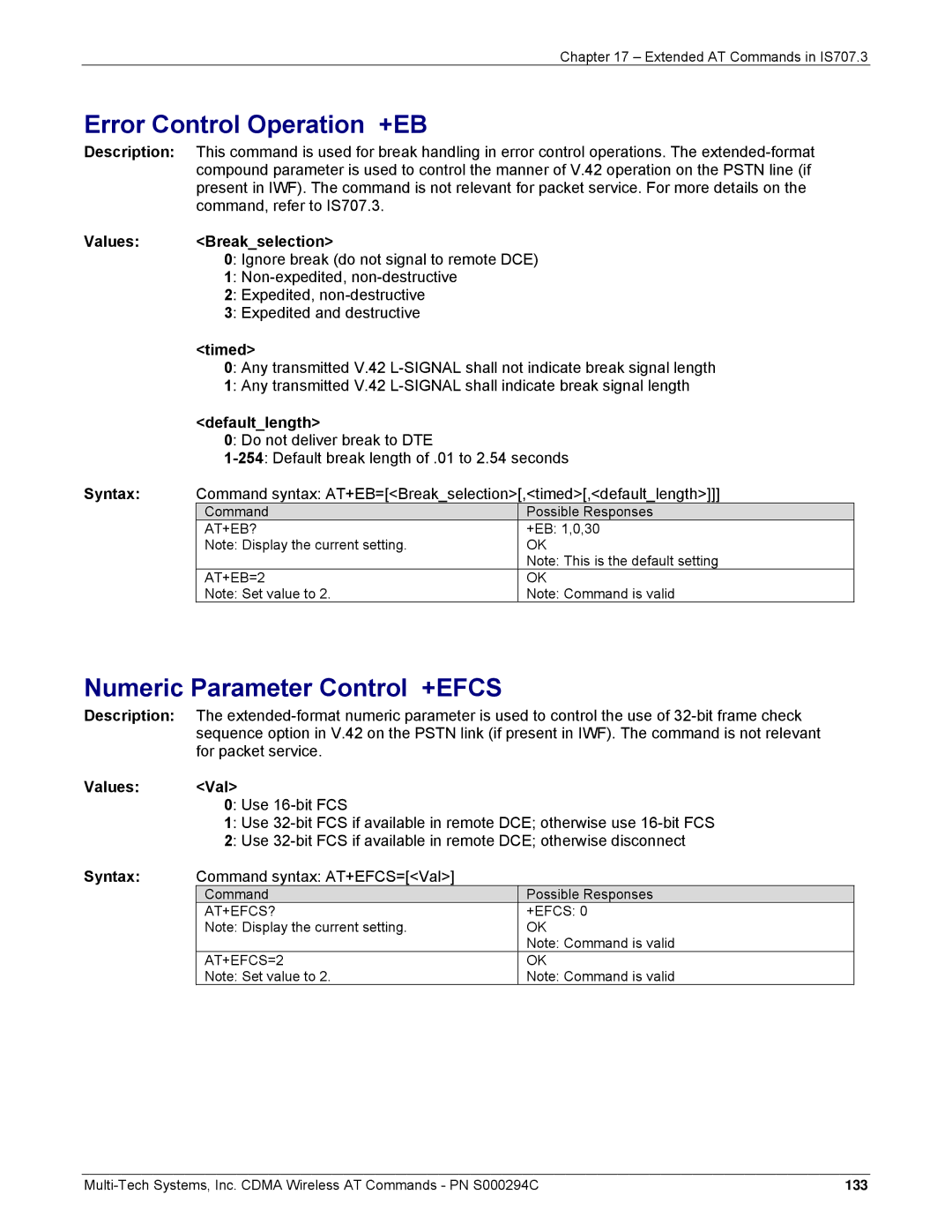 Multi-Tech Systems CDMA Wireless Modem Error Control Operation +EB, Numeric Parameter Control +EFCS, Values Breakselection 