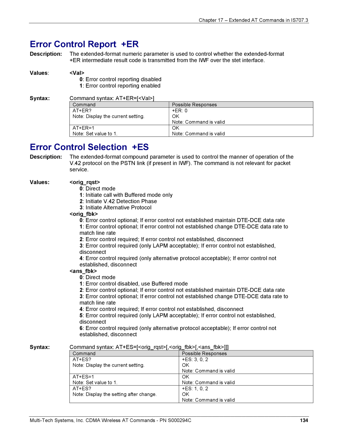 Multi-Tech Systems CDMA Wireless Modem Error Control Report +ER, Error Control Selection +ES, Values Origrqst, Origfbk 