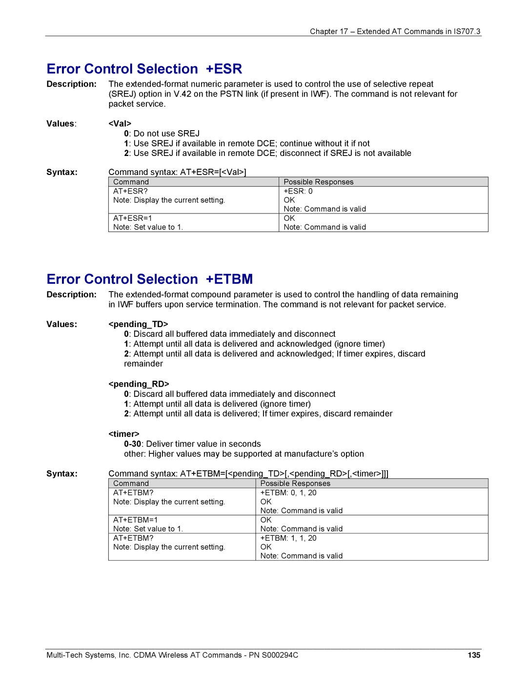 Multi-Tech Systems CDMA Wireless Modem manual Error Control Selection +ESR, Error Control Selection +ETBM, Values PendingTD 