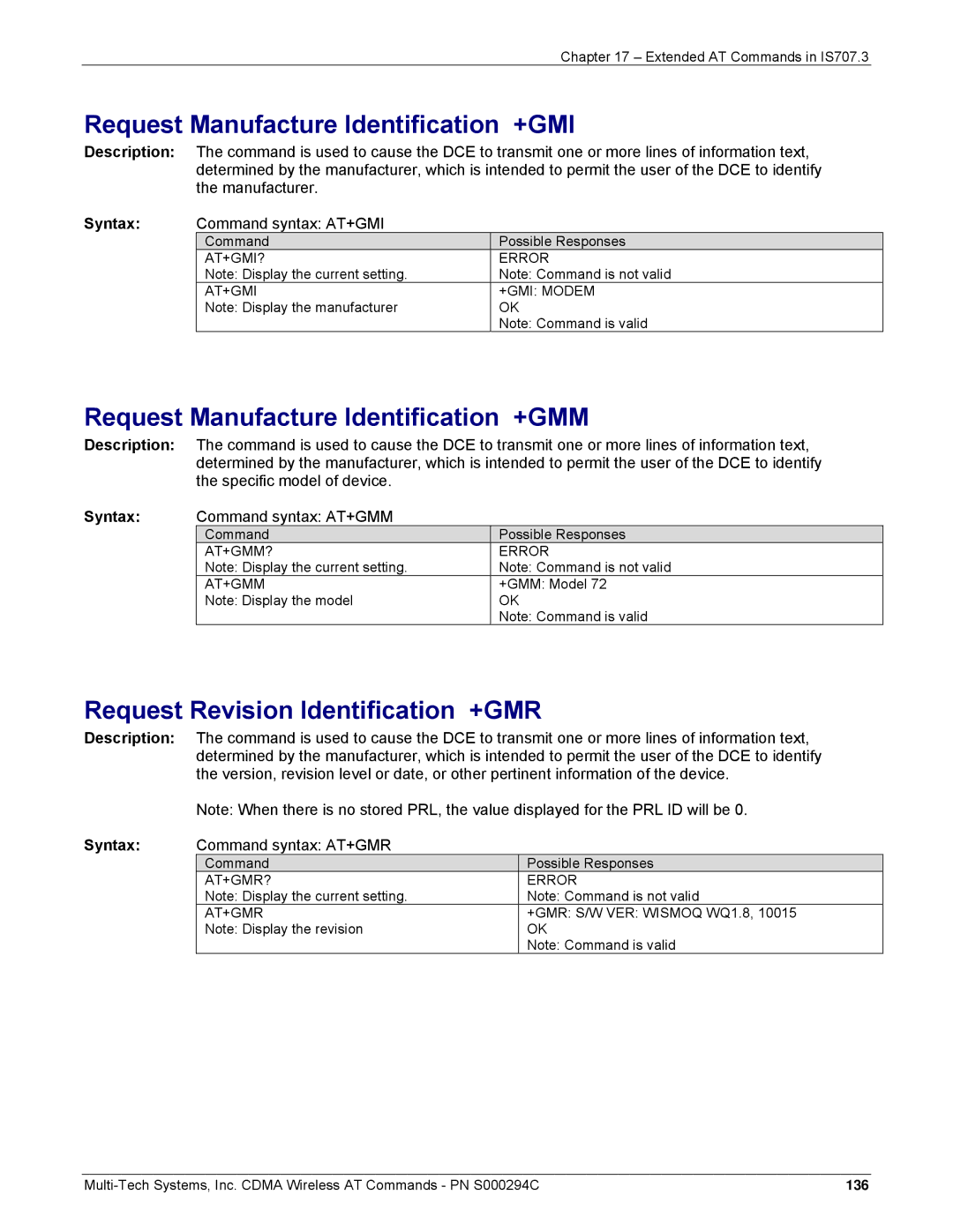 Multi-Tech Systems CDMA Wireless Modem Request Manufacture Identification +GMI, Request Manufacture Identification +GMM 