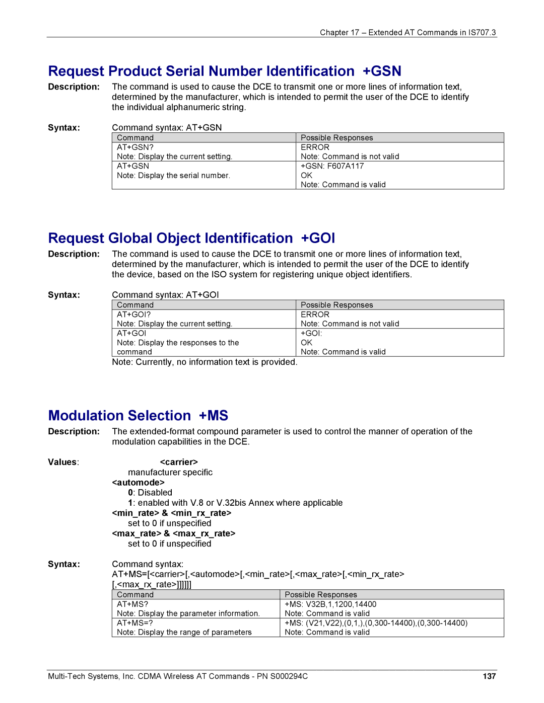 Multi-Tech Systems CDMA Wireless Modem manual Request Product Serial Number Identification +GSN, Modulation Selection +MS 