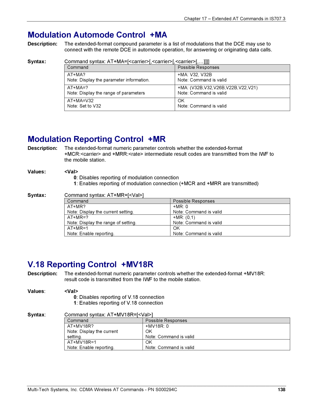 Multi-Tech Systems CDMA Wireless Modem manual Modulation Automode Control +MA, Modulation Reporting Control +MR 