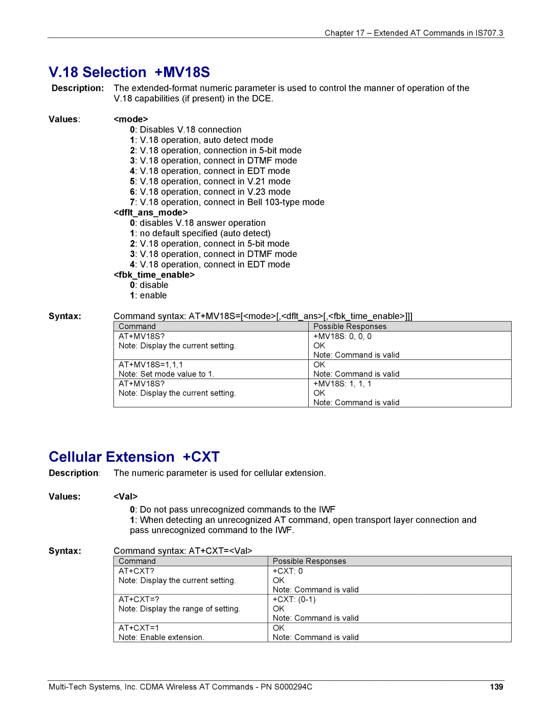 Multi-Tech Systems CDMA Wireless Modem manual Selection +MV18S, Cellular Extension +CXT, Dfltansmode, Fbktimeenable 