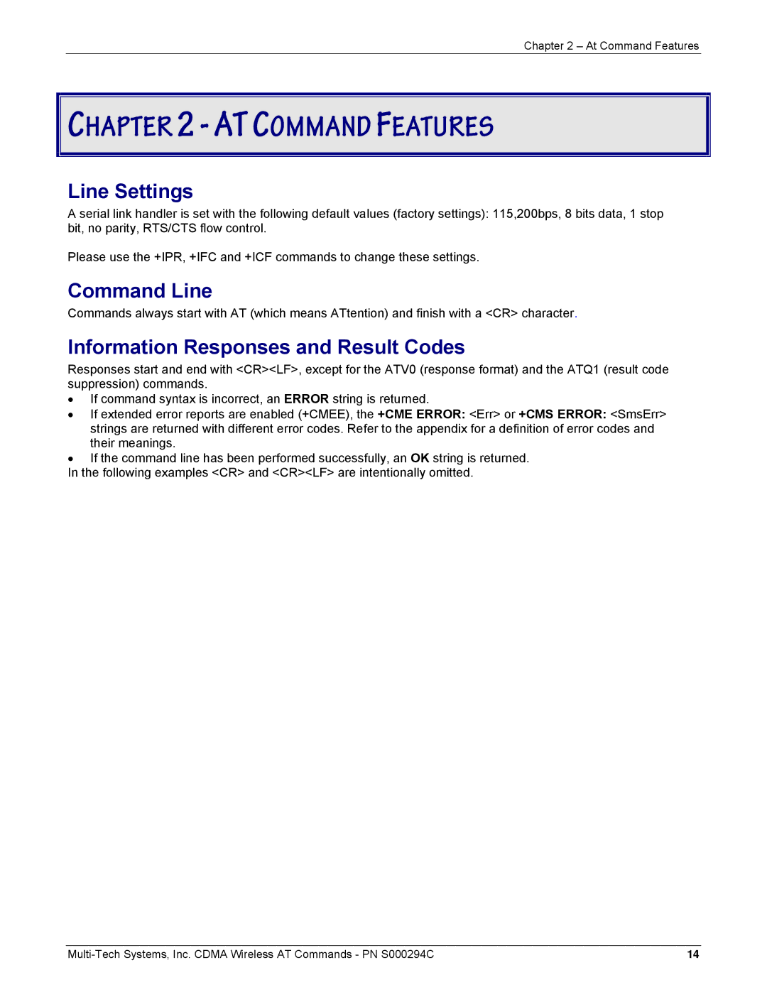 Multi-Tech Systems CDMA Wireless Modem manual Line Settings, Command Line, Information Responses and Result Codes 