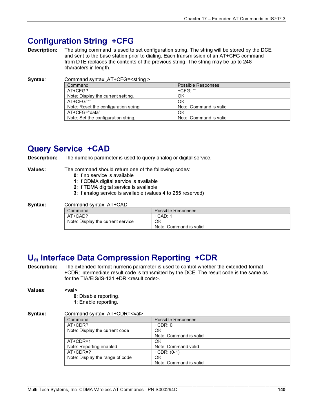 Multi-Tech Systems CDMA Wireless Modem manual Configuration String +CFG, Query Service +CAD 