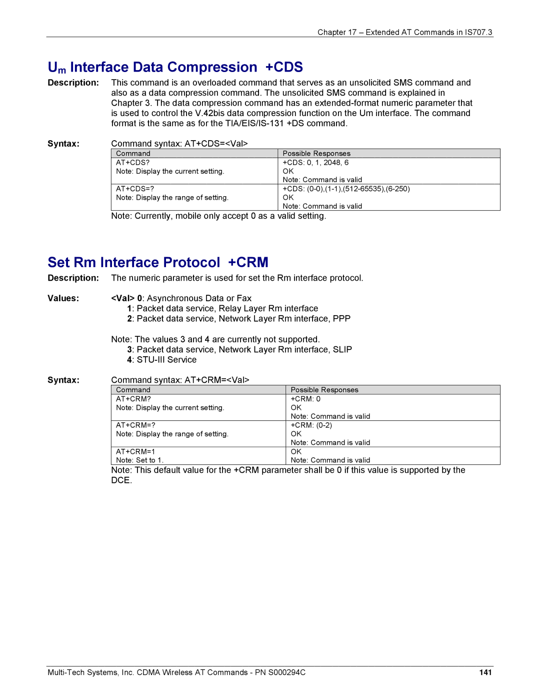 Multi-Tech Systems CDMA Wireless Modem manual Um Interface Data Compression +CDS, Set Rm Interface Protocol +CRM 