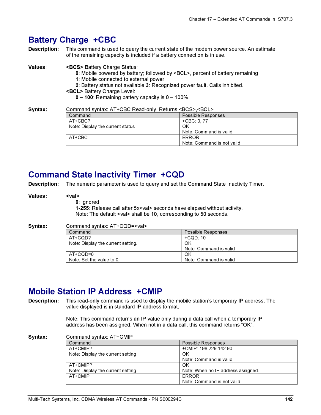 Multi-Tech Systems CDMA Wireless Modem Battery Charge +CBC, Command State Inactivity Timer +CQD, Command syntax AT+CQD=val 