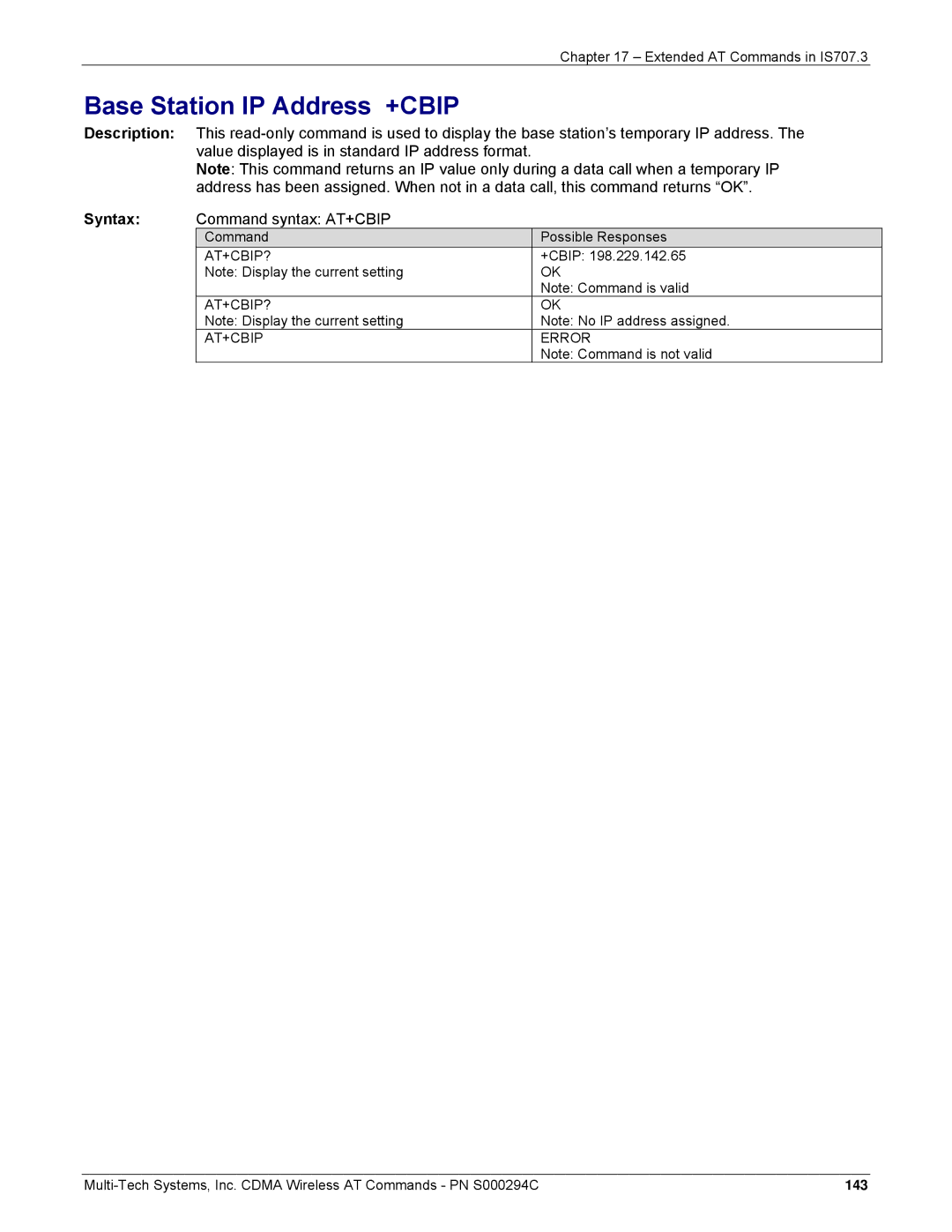 Multi-Tech Systems CDMA Wireless Modem Base Station IP Address +CBIP, Command syntax AT+CBIP, At+Cbip?, AT+CBIP? Error 