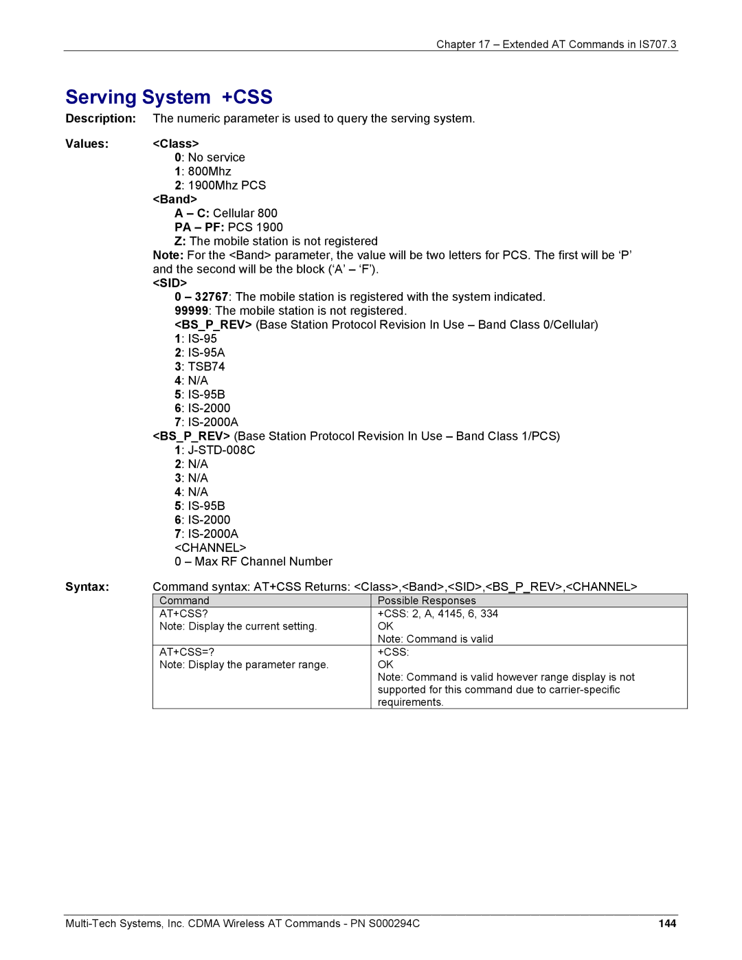 Multi-Tech Systems CDMA Wireless Modem manual Serving System +CSS, Values Class, Pa Pf Pcs 