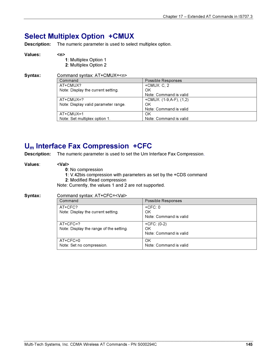 Multi-Tech Systems CDMA Wireless Modem manual Select Multiplex Option +CMUX, Um Interface Fax Compression +CFC 