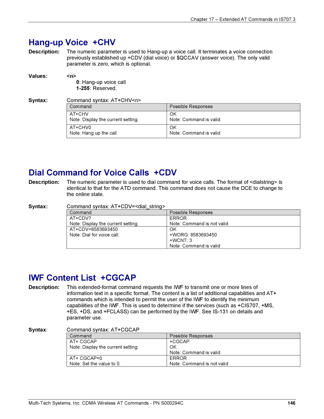 Multi-Tech Systems CDMA Wireless Modem Hang-up Voice +CHV, Dial Command for Voice Calls +CDV, IWF Content List +CGCAP 