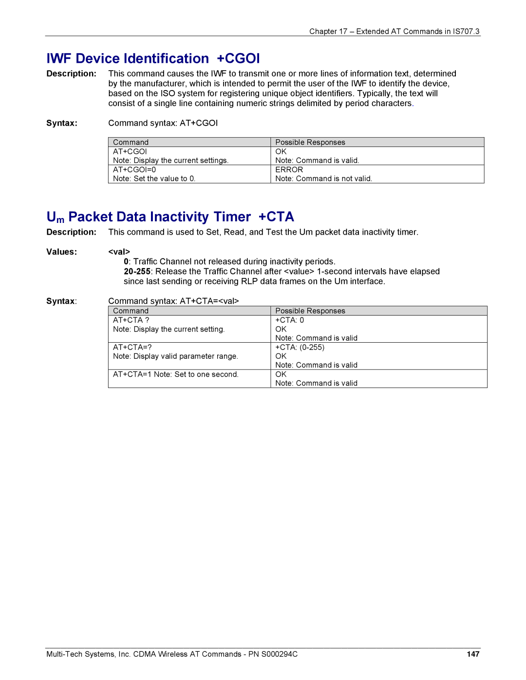 Multi-Tech Systems CDMA Wireless Modem manual IWF Device Identification +CGOI, Um Packet Data Inactivity Timer +CTA 