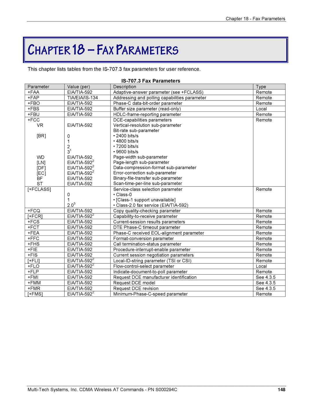 Multi-Tech Systems CDMA Wireless Modem manual IS-707.3 Fax Parameters 