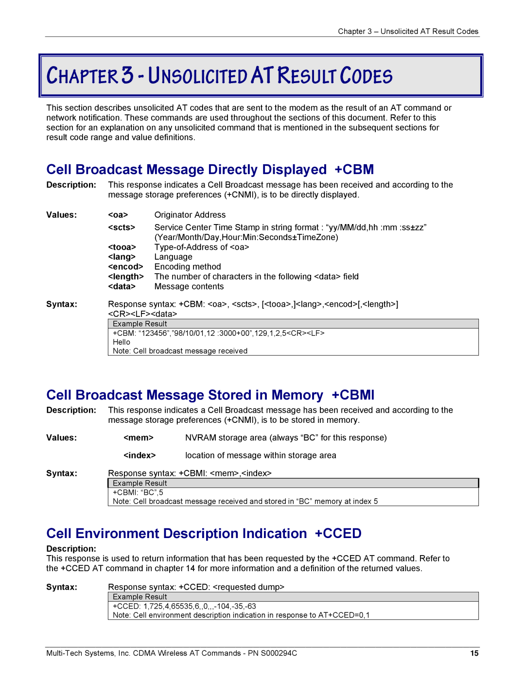 Multi-Tech Systems CDMA Wireless Modem manual Cell Broadcast Message Directly Displayed +CBM 