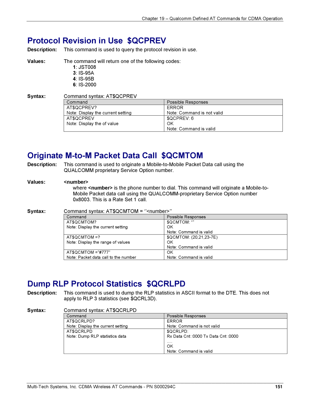 Multi-Tech Systems CDMA Wireless Modem manual Protocol Revision in Use $QCPREV, Originate M-to-M Packet Data Call $QCMTOM 