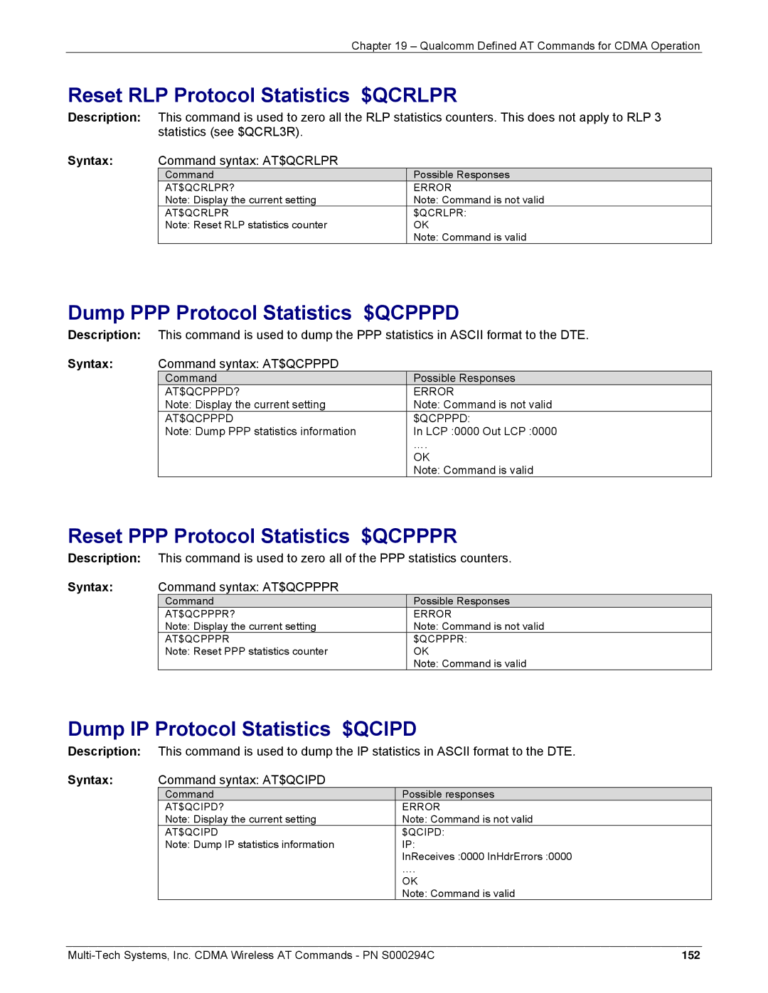 Multi-Tech Systems CDMA Wireless Modem manual Reset RLP Protocol Statistics $QCRLPR, Dump PPP Protocol Statistics $QCPPPD 