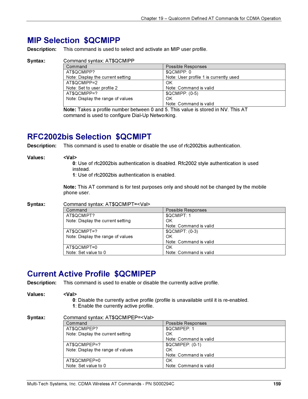 Multi-Tech Systems CDMA Wireless Modem manual MIP Selection $QCMIPP, RFC2002bis Selection $QCMIPT 