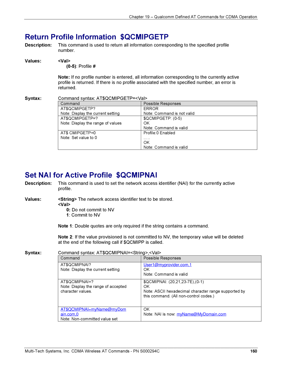 Multi-Tech Systems CDMA Wireless Modem manual Return Profile Information $QCMIPGETP, Set NAI for Active Profile $QCMIPNAI 