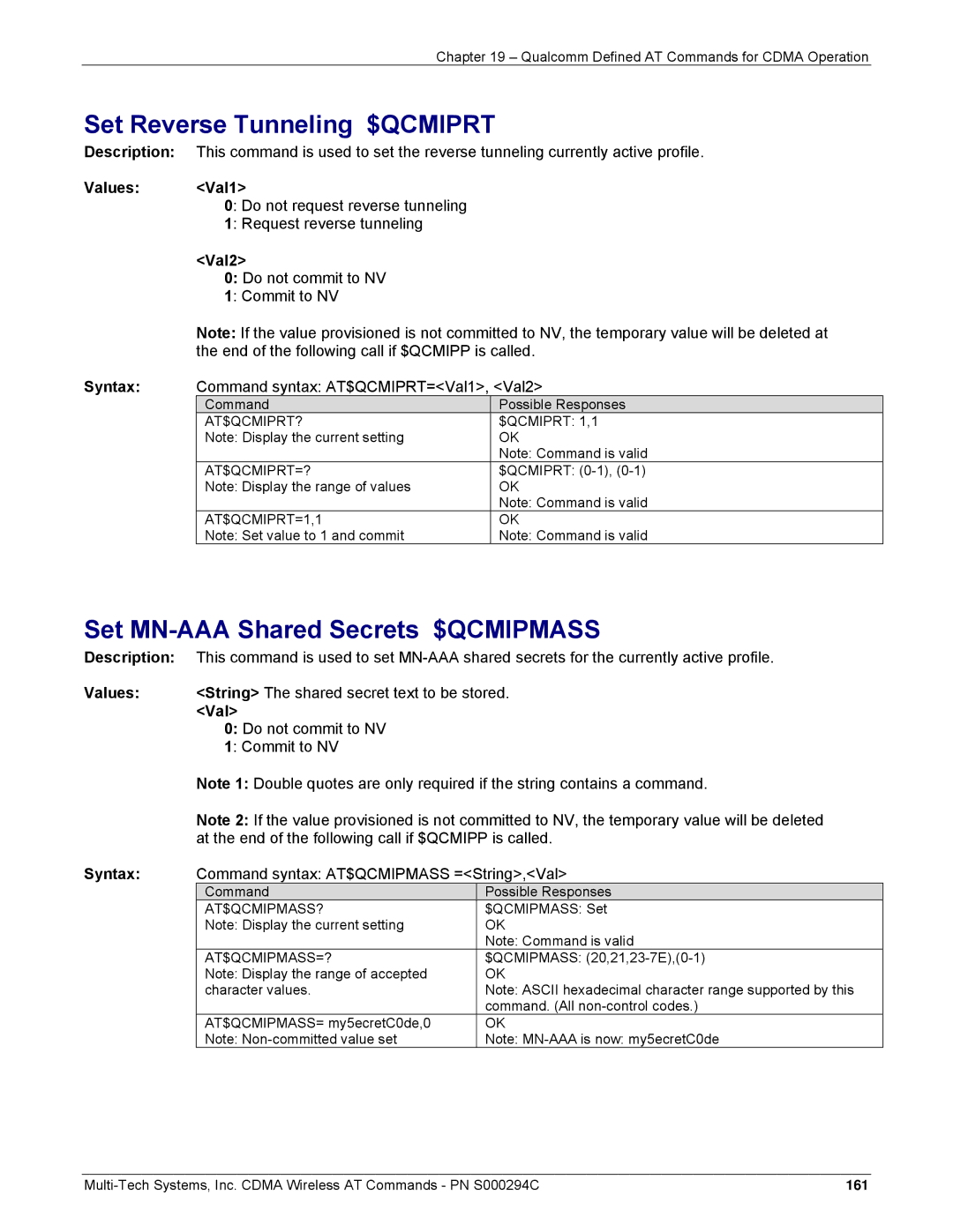 Multi-Tech Systems CDMA Wireless Modem manual Set Reverse Tunneling $QCMIPRT, Set MN-AAA Shared Secrets $QCMIPMASS 