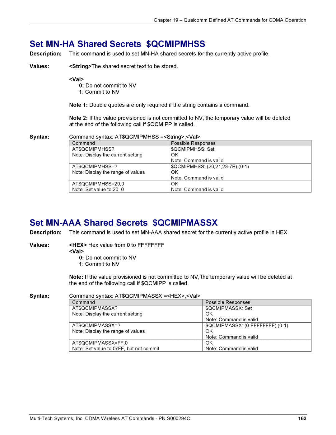 Multi-Tech Systems CDMA Wireless Modem manual Set MN-HA Shared Secrets $QCMIPMHSS, Set MN-AAA Shared Secrets $QCMIPMASSX 